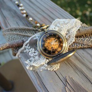 Mechanical Watch Necklace Steampunk with Pearl and Crystal Links! Wear 2 Ways!